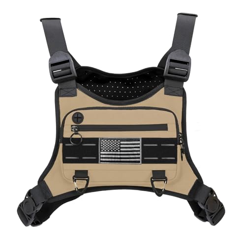 Image of Muserise Sports Chest Bag For Men Women, Water Resistant Lightweight Front Chest Pack, Running Vest Bag With Built-In Phone Holder & Extra Storage For Workouts, Running, Cycling (Khaki)