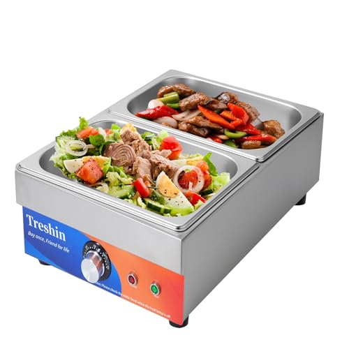 Treshin 2 Pan Commercial Food Warmer, Stainless Steel Bain Marie Food Warmers Steam Table 15 Qt 1200W with Temperature Control & Lid for Home, Catering, Restaurants