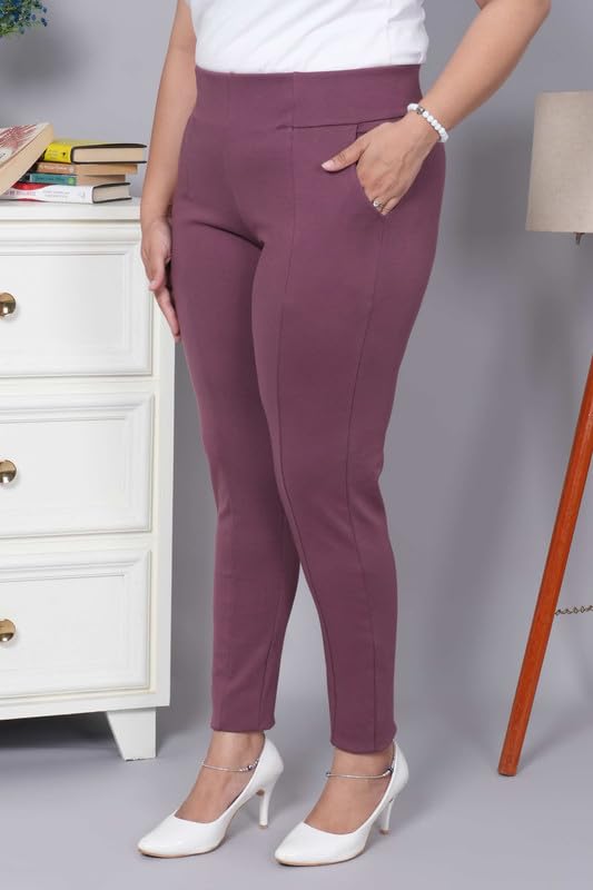 Image of Mlada Women's Solid Cotton Lycra High Waist Ankle Length Tummy Tucker Jeggings Trouser with 2 Side Pockets | Office Wear Summer Pants | Regular Fit, Stretchable, Comfortable & Stylish Everyday Bottoms