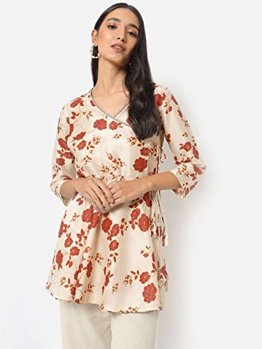 Image of SAAKI by Samantha Ruth Prabhu Floral Printed Tunic | Silk Blend Beige Floral Print Tunic for Women, Work Wear (Beige, Pack of 1)