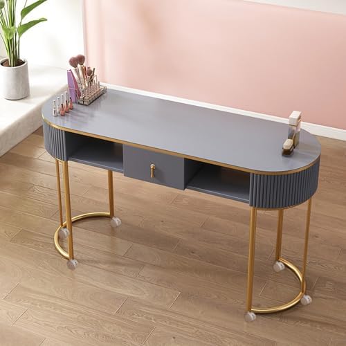Professional Nail Desk Station for Salon - Modern Wooden Manicure Table with Drawers, Shelves, Locking Casters & Glass Top - Ideal for Nail Technicians and Beauty Spas,Gold Greywooden Top,120cm Table