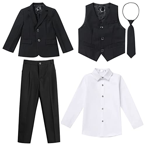 Boys Suits Slim Fit Dress Shirts with Tie, Vest, Pants, Blazer Jacket 5 Piece Set for Toddler Kids Baby Boys Wedding Tuxedo Party Baptism Christening Ring Bearer Outfit Black - Necktie 6-7 Years