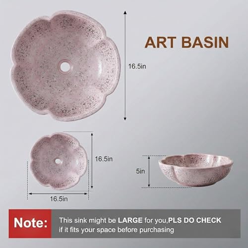 Image of BASSINO 16.5x16.5x5 Inches Designer Moroccan Design Ceramic Tabletop Wash Basin /Matte Pink Floral Art Bowl Sink for Bathroom /Handcrafted Countertop Washbasin for Office /Hotel(Matt)