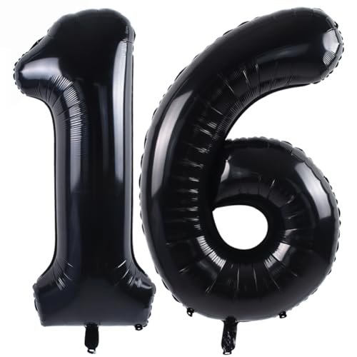 Image of TONIFUL 40 Inch Black Number 16 Balloon Large Foil 16th Birthday Decoration | Black 16 Balloon Number Sixteen for Sweet 16 Birthday Party 16th Anniversary, Black Birthday Decor for Teens Men Women