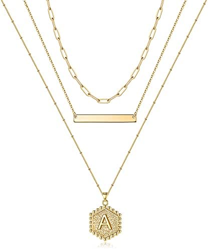 Turandoss Gold Layered Initial Necklaces for Women, Handmade 14K Gold Plated Cute Bar Necklace Layering Bead Chain Hexagon Letter Initial Necklace Layered Necklaces for Women Gold Jewelry Gifts (A)