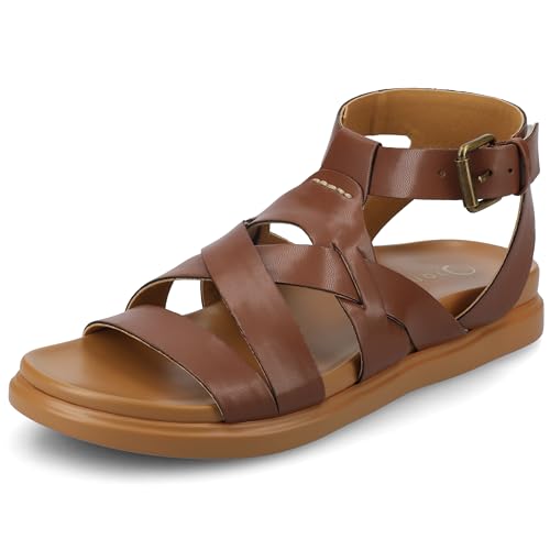 Journee Womens cushioned footbeds Mistee ankle strap sandal flat sole faux leather multi strap Cognac 6.5 Medium WOMENS US
