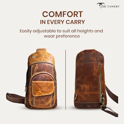 The Tannery Handmade Buffalo Leather Multipurpose Travel Hiking Crossbody Chest Backpack with Adjustable Shoulder Strap (Brown, Large) 5