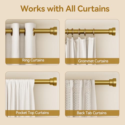 Image of YaFex Curtain Rods 2 Pack 32-144 Inch, Heavy Duty 1 Inch Curtain Rod, Gold Extra Long Adjustable Window Treatment Rods, Modern Design, Easy Installation