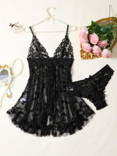 Image of Foxiny Sexy Open Front V Neck Ruffle Sheer Mesh Lace Wireless Babydoll Lingerie Dress with Thong 2 Piece