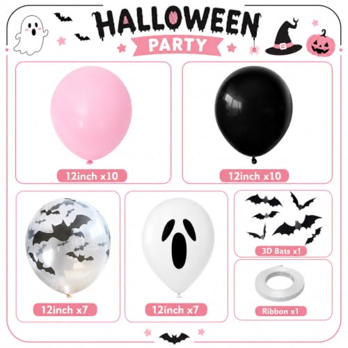 Image of Halloween Balloons, Pink and Black Balloon for Halloween Party Decorations | Pastel Pink Black Balloon, White Ghost 3D Bat Print Latex Balloons, Night Halloween Spooky One Scary Birthday Party Decor