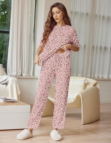 Image of Ekouaer Lounge Sets for Women Short Sleeve Tops and Long Pants Soft Comfy Pajamas Set 2 Piece Outfits