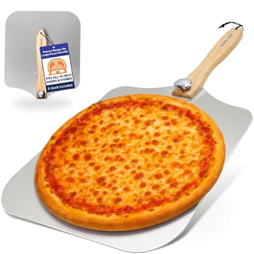 Image of Pizza Peel 16 Inch - Extra Large Metal Pizza Paddle 13 inchx16 inch with Foldable Wooden Handle for Outdoor Pizza Oven - Large Aluminum Pizza Spatula Paddle for Homemade Pizza - Pizza Shovel for Easy Storage
