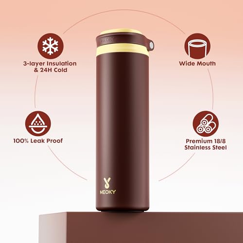 Image of Meoky 24 oz Insulated Stainless Steel Water Bottle: Flip-to-Pop Straw, Leak Proof, 24H Cold, Fits in Car Cup Holder, Carry Loop, BPA-Free, Wide Mouth Water Bottle for Adults Gym Bag, Honey