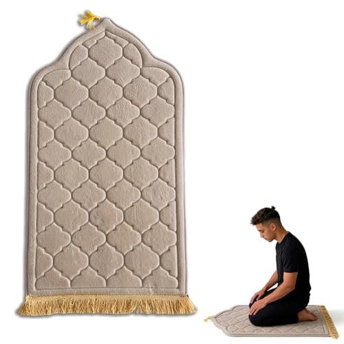 Zinueen Gepolsterter Gebetsteppich Seccade - Türkischer Stil Weicher & Dicker Prayer Mat für Ramadan Umrah Geschenk Tespih Islam Gebetsteppich to Go Namazlik (65x110cm) (Beige)
