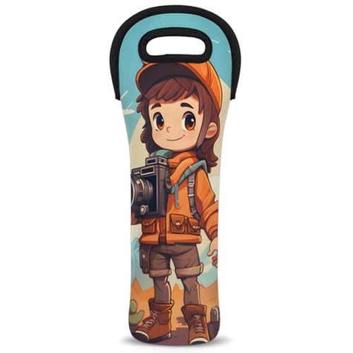 Neoprene Wine Tote Carrier Bag for Wine,Water, Champagne, Beer, Baby Bottles 15.6 x 5.1 Inches, Protective Wine Bag,Boy with Camera