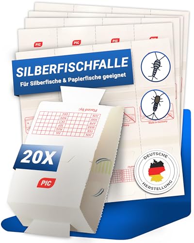 PIC Silberfischfalle 20x - 100% Giftfrei - Mittel gegen Silberfische mit Starkem Kleber - Für Haushalte mit Kindern & Haustieren - Effektiv gegen Papierfischchen zur Befallskontrolle
