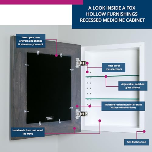 Image of 14x18 Concealed Picture Frame Medicine Cabinet without Mirror for Bathroom, Recessed in the Wall, Made in North America, Real Wood, NO MDF, Adjustable Shelves, Hidden, Stained Gray