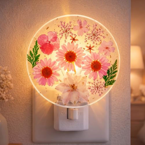 Image of Glooglitter Pressed Flower Night Light Plug in-Handmade Dried Floral Wall Night Light, Glow Decorative Nightlight for Hallway Bedroom Nursery Bathroom, Vintage Botanical(Pink, Flower)
