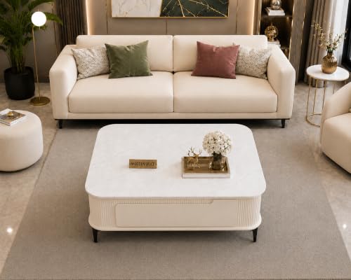 Image of WOODEN SPACE Premium Solo Marble-Top Wooden Center Table for Living Room | Iron Legs | PVD Coating | Modern Entryway Furniture | Coffee Table (Cream, 42x42x18 Inch)