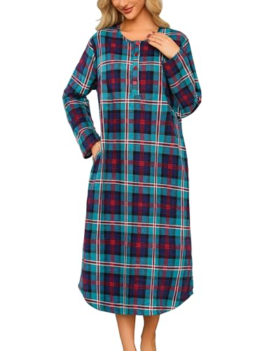 ENJOYNIGHT Womens Long Flannel Nightgown Button Down Sleepshirt Long Sleeve Nightshirt with Pockets(Small BL+G+R)