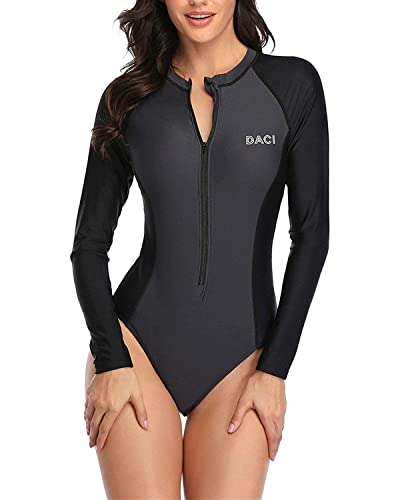 Daci Women Grey Black Rash Guard Long Sleeve One Piece Swimsuit Zipper Surfing Bathing Suit Upf 50 M #TOP2