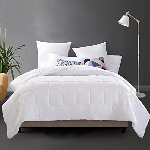 EVOLIVE All Season Pre Washed Soft Microfiber White Goose Down Alternative Comforter with Box Stitching (White,Full/Queen)