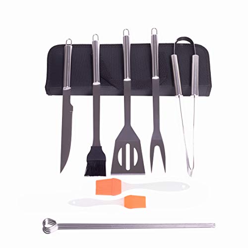 Heim & Büro Couverts de barbecue en acier inoxydable dans un coffret en aluminium | 16 pièces | pinces à barbecue | brochettes de barbecue | tourne-barbecue | brosses | porte-cornichons