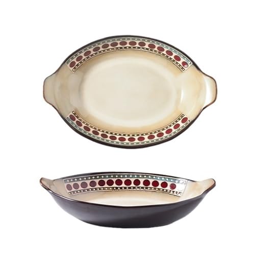 Hhaoran-9868 Fuente de cerámica para hornear Plato grande ovalado for cocina, de cerámica nórdica profunda, con doble asa, for uso doméstico Molde para hornear