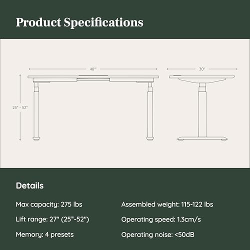 Image of Branch Standing Desk, Adjustable Height Desk with Dual Motors | 3-Stage Lift, 4 Memory Presets, 48 Inches, White Base and White Top