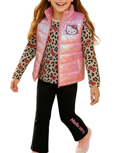 Image of Hello Kitty Girls Pants Set - 3 Piece Zip Up Vest, Long Sleeve Graphic Shirt, Fleece Pants - Matching Set for Girls (2T-12), Size 2T, Pink /Black /Leopard
