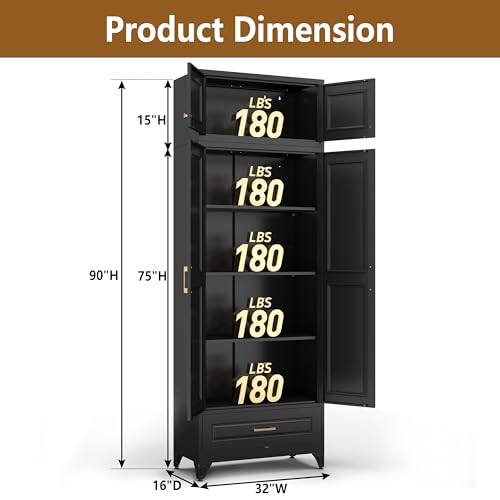 Image of Polup Kitchen Pantry Cabinet, 90 inch Tall Metal Storage Cabinet with Doors | Black Heavy-Duty Steel Cupboard, 5 Adjustable Shelves, Magnetic Latch, Gold Handles, for Dining Living Room, Laundry, Garage