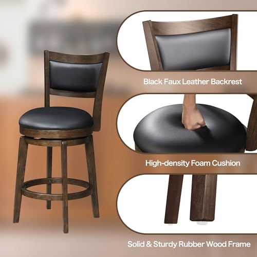 24-Counter-Height-Barstools-Set-of-2-High-Back-Swivel-Bar-Stools-with-Black-Faux-Leather-Upholstered-Seat-Solid-Wood-Footrest-Counter-Bar-Stool-for-Kitchen-Island-Pub 24 Counter Height Barstools Set of 2 High Back Swivel Bar Stools with Black Faux Leather Upholstered Seat Solid Wood Footrest Counter Bar Stool for Kitchen Island Pub