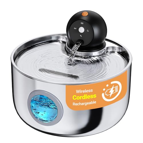 Fuente para Gatos sin Cable: Bebedero Gatos Automatico Acero Inoxidable con Sensor de Movimiento - 2.6L Fuente de Agua para Gato Inalambrica con Bateria Recargable - Dispensador Agua Perros