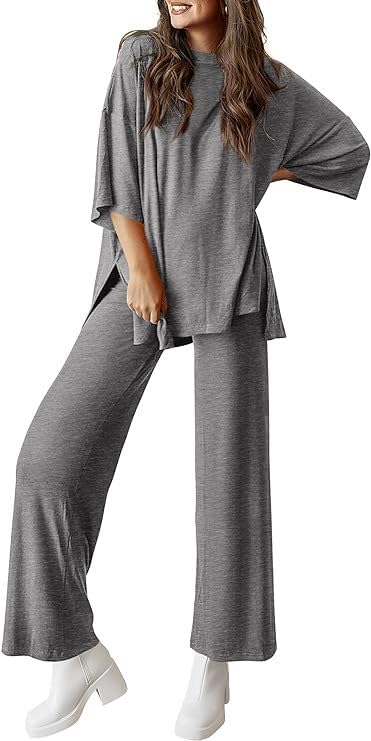 Tenues 2 pièces pour femmes chandail manches longues et pantalon large gris automne