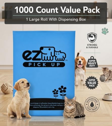 Image of EZ Pick Up 1000 Count Dog Waste Poop Bags, Unscented Single Roll, Heavy Duty, Improved Thickness (Blue - 1000ct)