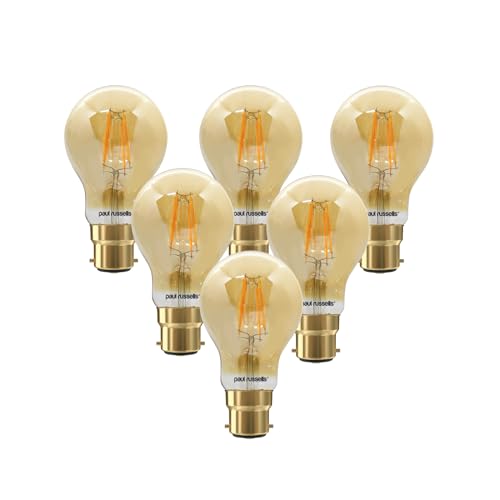 paul russells LED Filament GLS Light Bulbs Bayonet Fitting Cap B22, 50w Equivalent A60 GLS Standard 7W 680LM LED Globe 2200K Amber Halogen Replacement Bulb Celling Energy Saving Lamp Pack of 6