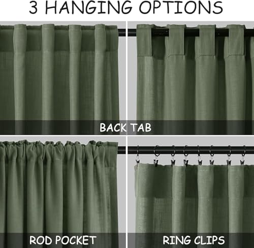 Image of Nanspring Linen Kitchen Curtains 30 Inches Long 2 Panels Olive Green Semi Sheer Short Curtain Back Tab Rod Pocket Solid Privacy Cafe Tier Curtains for Cafe Bathroom Basement 36x30