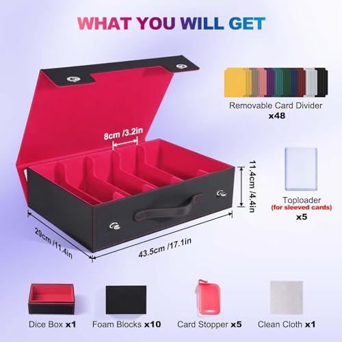 Image of UAONO Trading Card Storage Box with Commander Display, 5 Row Magic Card Box with Handle & Aluminum Alloy Locking for 3900+ Unsleeved Cards Suits for MTG PTCG TCG Sports Cards (Black Red)