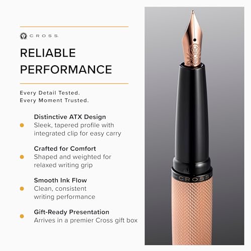 Image of Cross ATX Executive Brushed Rose Gold Fountain Pen with Polished Black PVD Trim - Medium Nib, Smooth Writing, Premium Gift Box