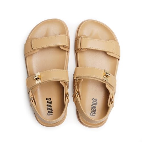 Image of FabKids Girl's Flat Sandals Comfort Adjustable Double Strap Slip on Leather Footbed Sandals for Toddler Little Kid Big Kid