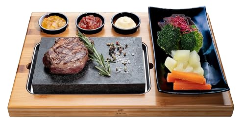 BEEFSTONE Heißer Stein Lavastein Steak-Brett Hot Stone Steingrill Set aus Bambusbrett Lavastone und Porzellan-Platte Fleisch Fisch grillen auf heißem Stein (Uno Black)