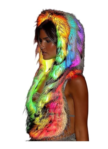 BUDYLILI Women Sexy Hodded Vest with Smart LED Light,Scarf Halter Top Sexy Backless Fuzzy Halter Tops Club Outfits For Music Festival Party L