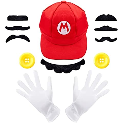 Kitimi Mario and Luigi Hat, Mario Costume with Mario Hat Gloves and Moustache, Carnival Halloween Cosplay Costume Decoration for Boy Girl Kids Adult(Red) Cover