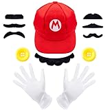 Mario Mütze, Super Mario und Luigi Kostüm mit Super Mario Mütze, Weißen Handschuhe und Bart, Karneval Halloween Cosplay Kostüm Dekoration für Kinder Erwachsene Damen(Rot)