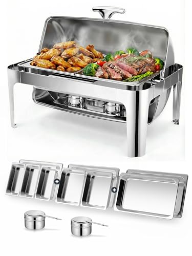 13QT Roll Top Chafing Dishes for Buffet: Catering Food Warmer for Parties, Wedding, Birthday, Christmas, 1 Full Size & 2 Half-Size & 3 1/3 size Chafing Server Dish, 1 Water Pan