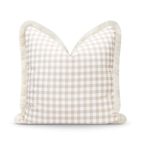 Hofdeco Premium Fall Coastal Patio Indoor Outdoor Pillow Cover Only, 20\"x20\" Water Repellent for Backyard, Couch, Neutral Tan Gingham Fringe
