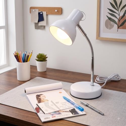 Image of Metal Desk Lamp with Bulb, Red Finish, Adjustable Gooseneck, 16 Inch Height, Strong Body Table Lamp (White)