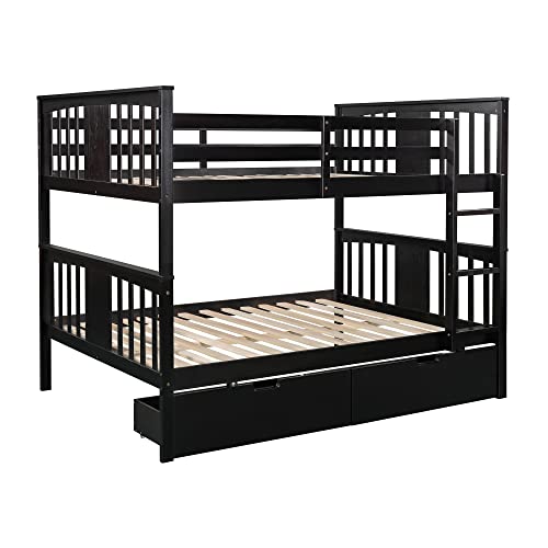 Emkk Full Over Full Bunk Bed With Drawers, Detachable Solid Wood Full Over Full Bunk Bed Frame With Ladders And Safety Rail For Kids, Teens, Adults Bedroom, Guest Room Furniture,Espresso #TOP5