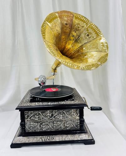 Vintage Gramophone Record Player Wooden Base with Floral Carvings Gold Horn Speaker Antique-Looking Replica Gramophone (Square Silver Carving Gramaphon)