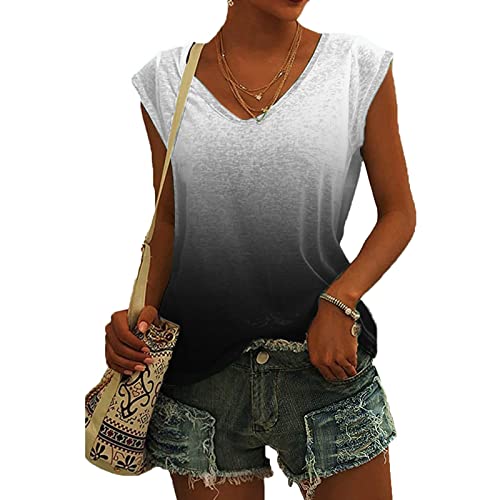 Awpxtkh Women's Short Sleeve V-Neck Shirts Loose Casual Cap Sleeve T Shirts Basic Summer Tops Loose Gradient Blouse Shirts #TOP2